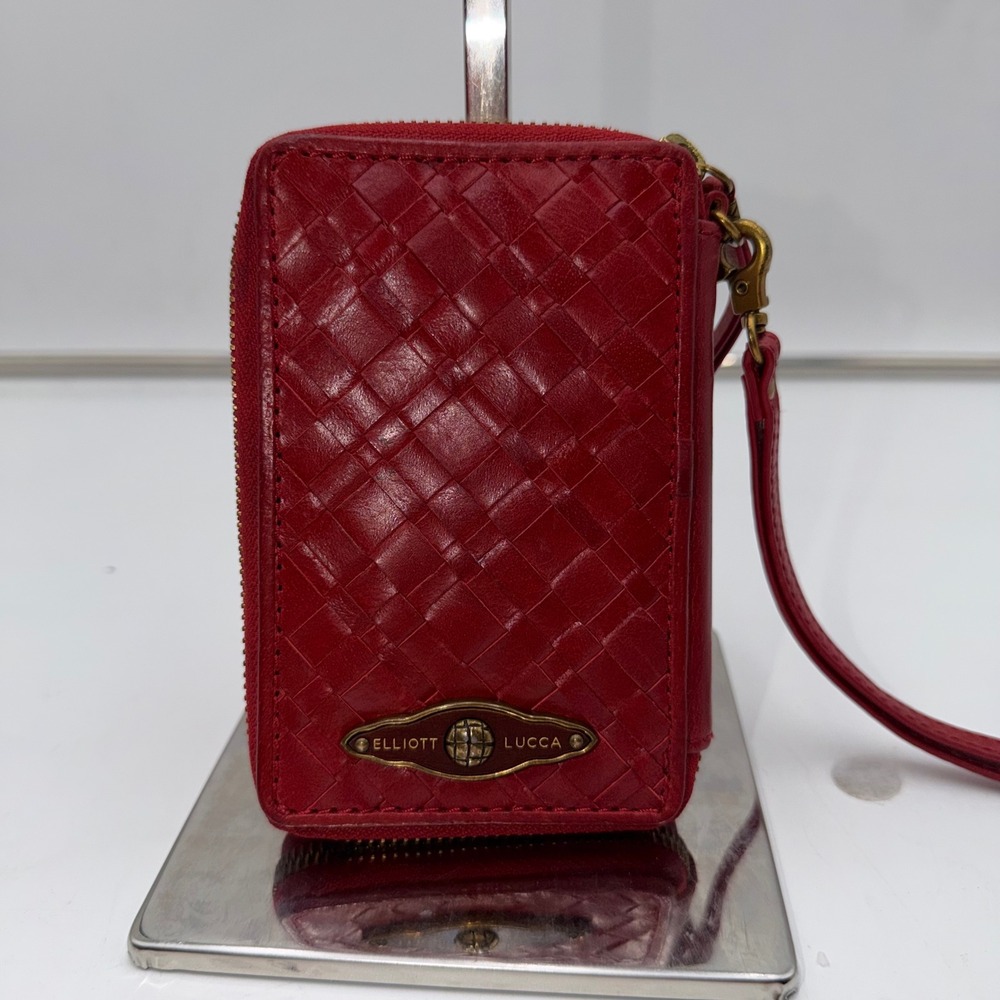 Elliott Lucca Vintage Red Woven Leather Zip Around Wristlet Wallet Brass Hardwar